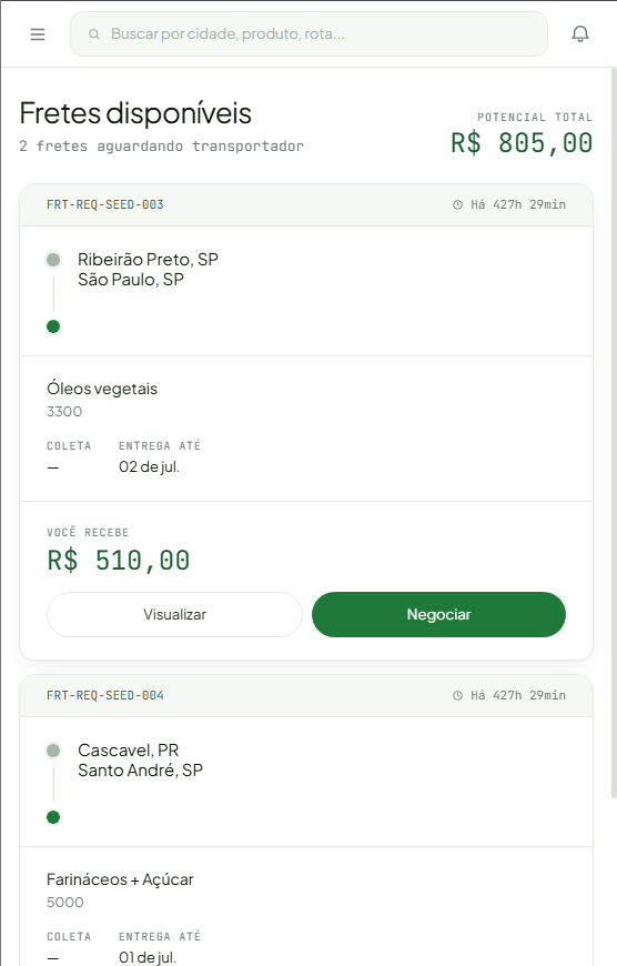 Painel da transportadora na Alimo